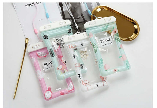 Material: PVC Item No : Air wrapped mobile phone bag Pattern: cartoon Applicable scenarios: swimming wading sports Color: white flamingo (suitable for 6 inch mobile phone), mint green peach (suitable for 6 inch mobile phone), mint green flamingo (suitable